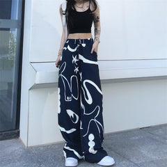 Vintage Graffiti Print Loose Wide-leg Pants, , women clothing, vintage-graffiti-print-loose-wide-leg-pants, , fairypeony