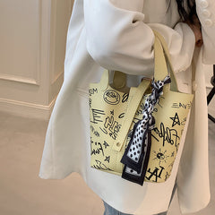 Cartoon Print Silk Scarf Bucket Bag, , women clothing, cartoon-print-silk-scarf-bucket-bag, , fairypeony
