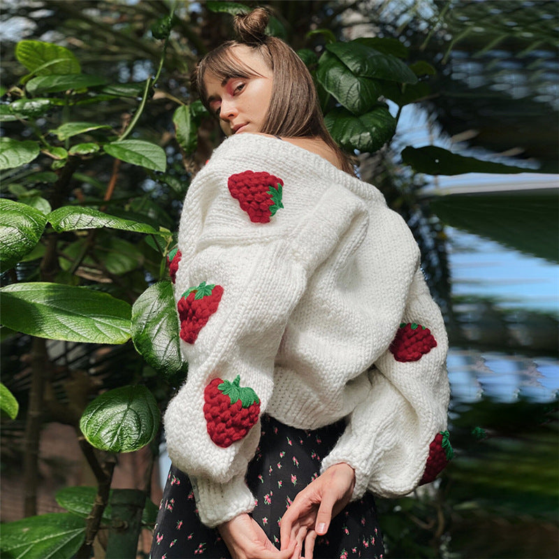 Cute Strawberry Loose V-neck Cardigan Sweater, , women clothing, cute-strawberry-loose-v-neck-cardigan-sweater, , fairypeony