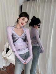 Lavender Contrasting Mesh Long Sleeve Top - fairypeony