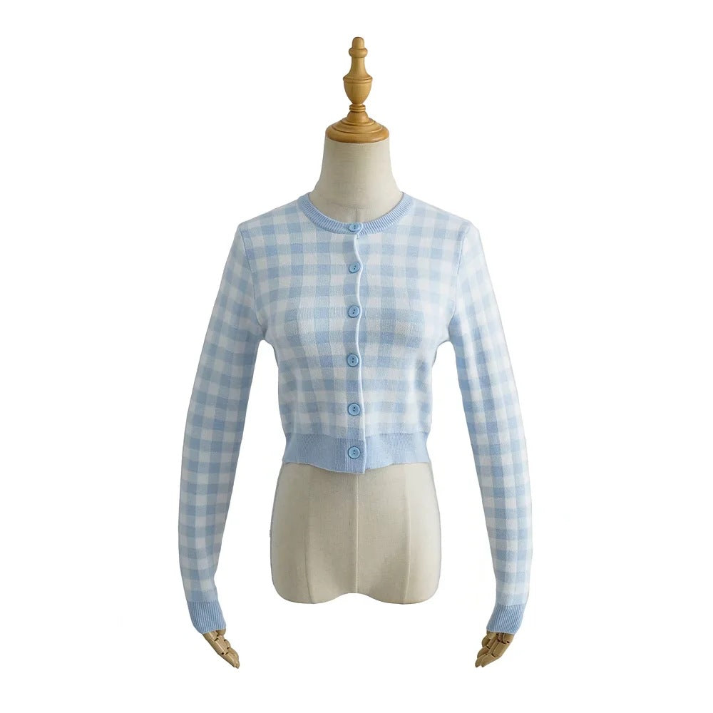 Checkered Button Front Knit Crop Cardigan, , women clothing, checkered-button-front-knit-crop-cardigan, , fairypeony