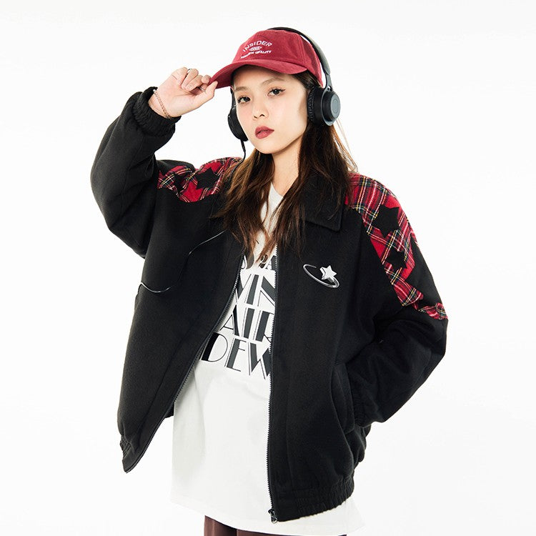 Embroidered Stars Plaid Varsity Jacket - fairypeony