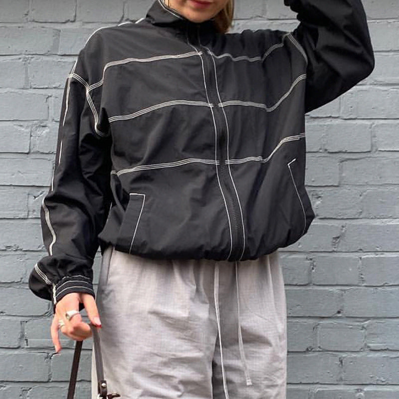 Stitch Detail Nylon Zip Up Jacket, , women clothing, stitch-detail-nylon-zip-up-jacket, , fairypeony