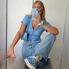 V Neck Ruffles Short Sleeve T Shirt, , women clothing, v-neck-ruffles-short-sleeve-t-shirt, black, blue, green, grey, L, M, pink, S, XL, yellow, fairypeony