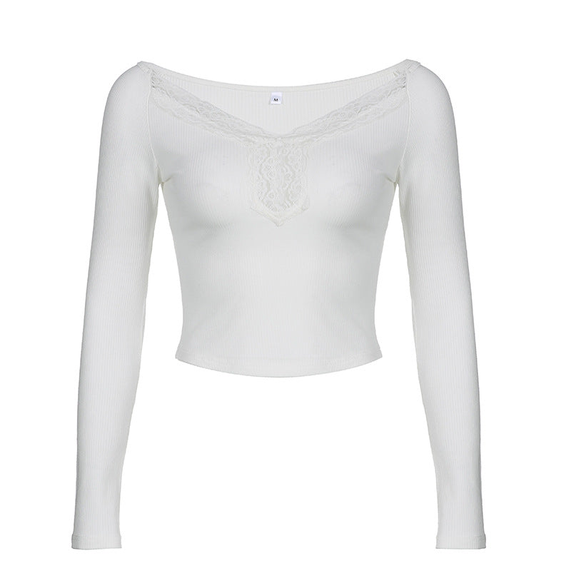 Lace Trim Patchwork Long Sleeve Knit Top - fairypeony