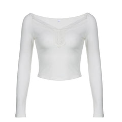 Lace Trim Patchwork Long Sleeve Knit Top - fairypeony