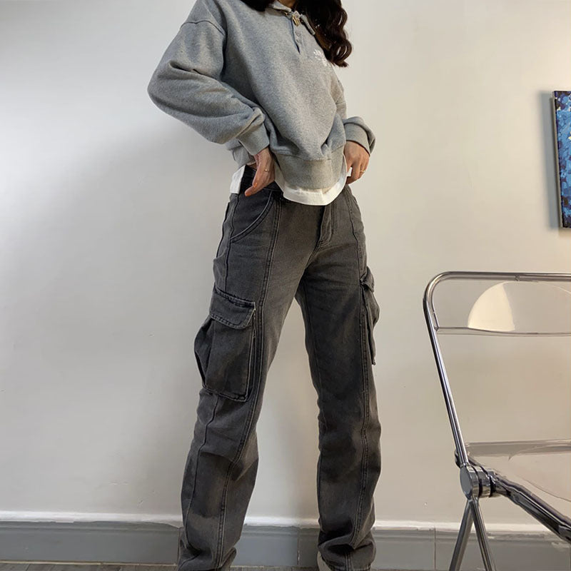 Worn Multi Pocket Casual Jeans, , women clothing, worn-multi-pocket-casual-jeans, , fairypeony