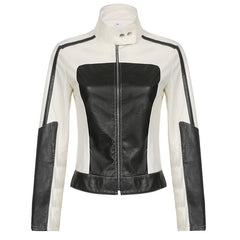 Color Block Zipper Faux Leather Moto Jacket - fairypeony