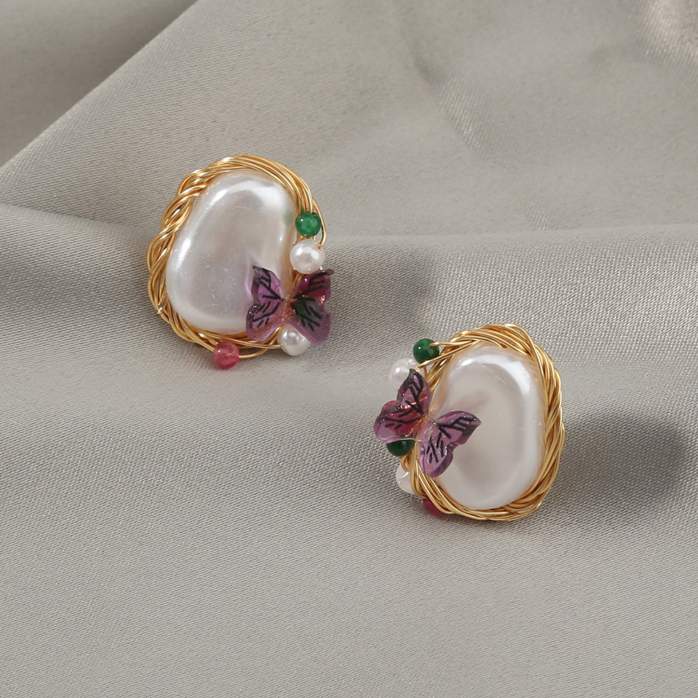 Pure Hand-made Copper Wire-wound Pearl Butterfly Earrings, , women clothing, pure-hand-made-copper-wire-wound-pearl-butterfly-earrings, , fairypeony