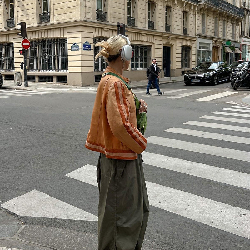 Side Stripe Pu Leather Biker Jacket - fairypeony