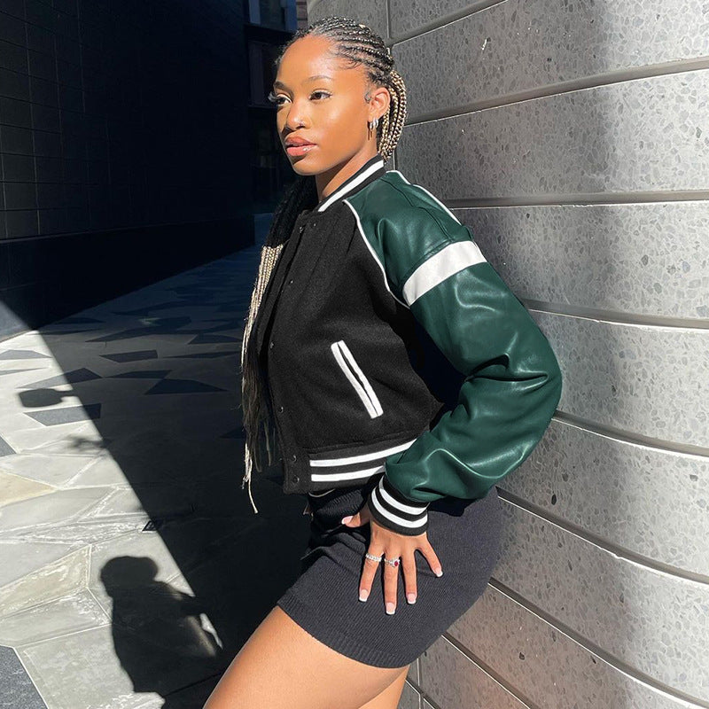 Pu Leather Paneled Cropped Varsity Jacket, fairy peony, women clothing, pu-leather-paneled-cropped-varsity-jacket, , fairypeony