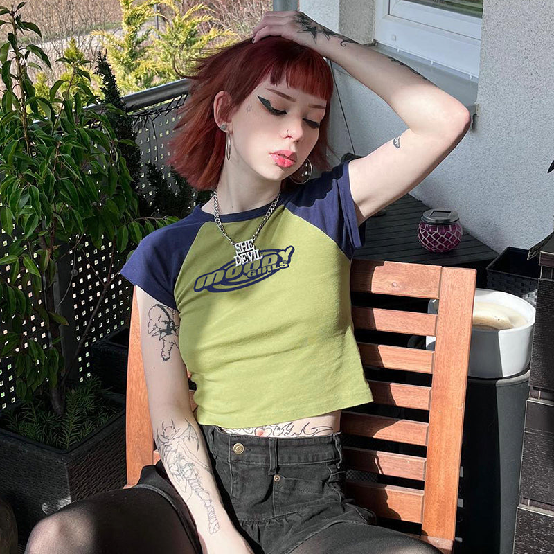 Y2K Logo Graphic Raglan Sleeve Crop Top - fairypeony