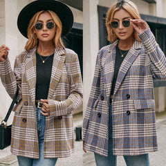 Double-breasted Checkered Casual Blazer, , women clothing, double-breasted-checkered-casual-blazer, , fairypeony