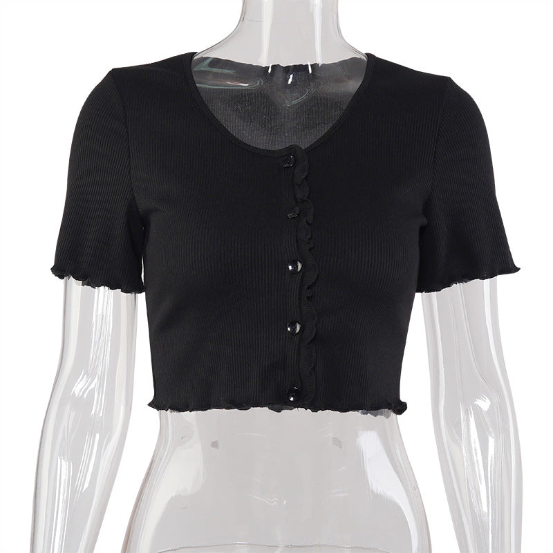 V Neck Ruffles Short Sleeve T Shirt, , women clothing, v-neck-ruffles-short-sleeve-t-shirt, black, blue, green, grey, L, M, pink, S, XL, yellow, fairypeony