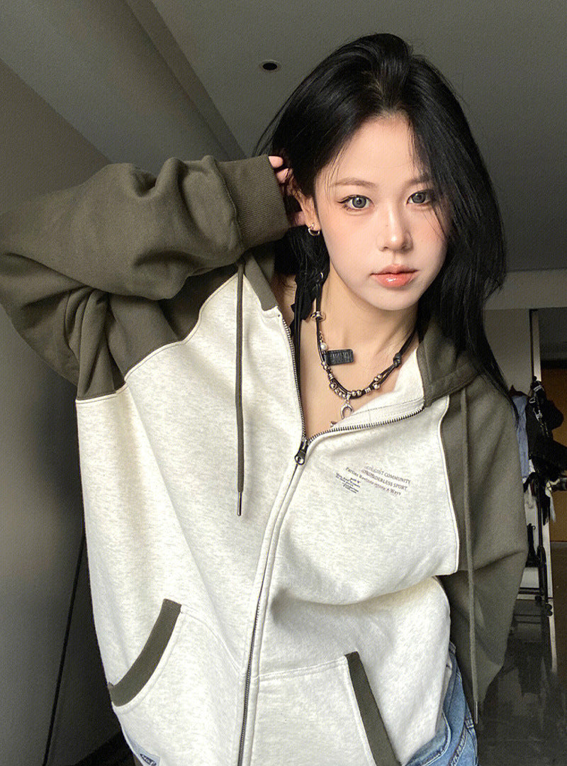 Letter Graphic Color Block Zip Up Hoodie - fairypeony