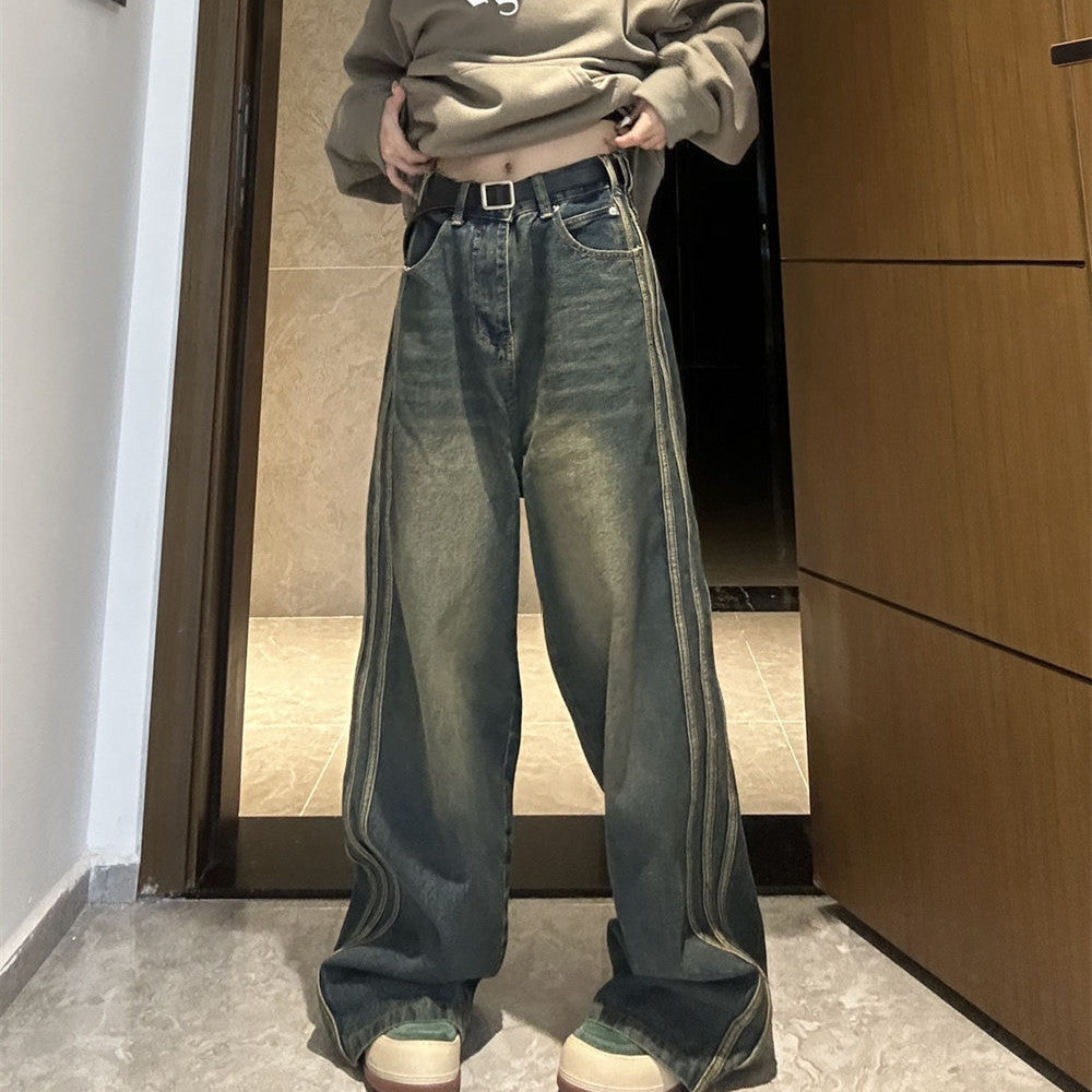 Vintage Side Striped Y2K Flare Jeans - fairypeony
