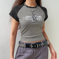 Raglan Sleeve Grunge Wing Print Crop Top - fairypeony