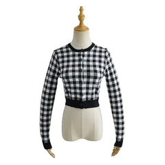 Checkered Button Front Knit Crop Cardigan, , women clothing, checkered-button-front-knit-crop-cardigan, , fairypeony