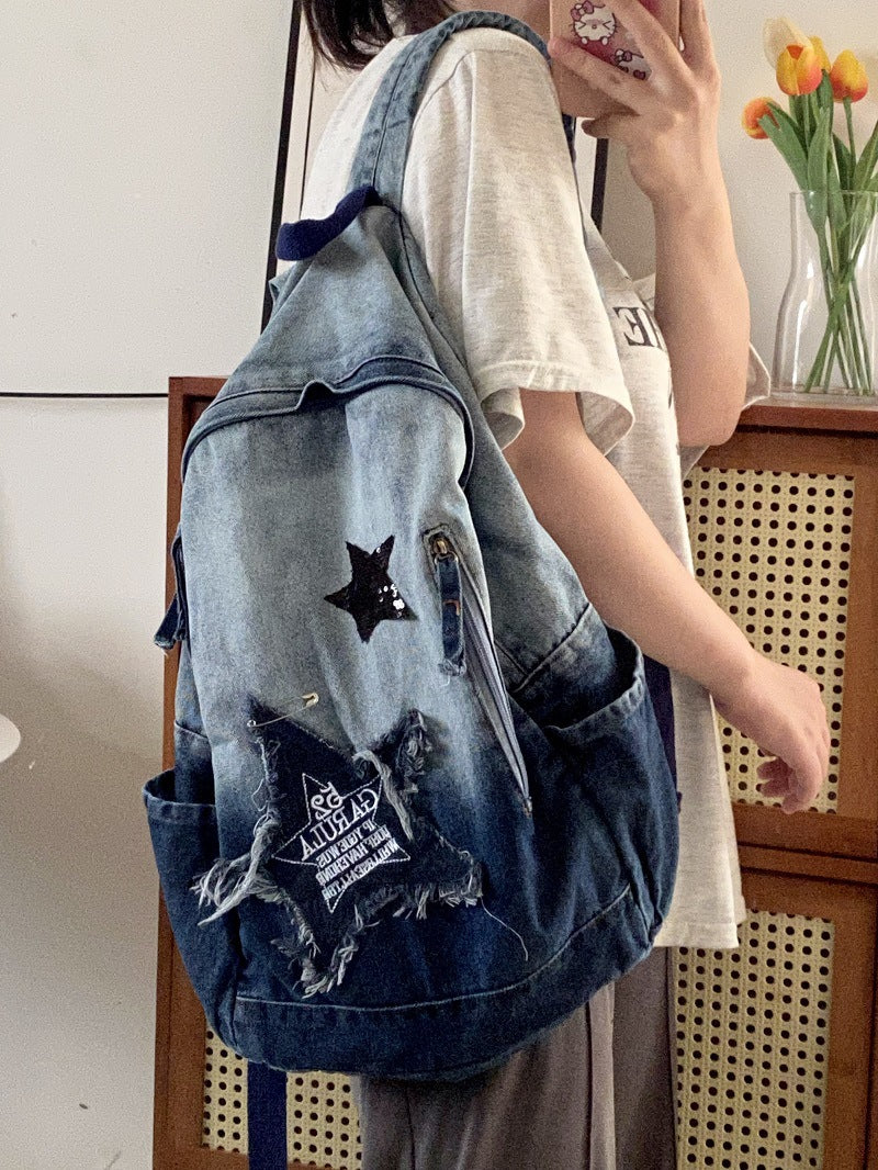 Vintage Star Patch Gradient Denim Backpack - fairypeony