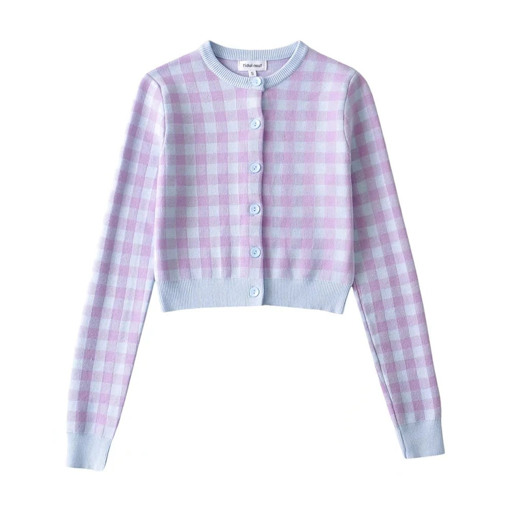 Checkered Button Front Knit Crop Cardigan, , women clothing, checkered-button-front-knit-crop-cardigan, , fairypeony