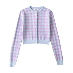 Checkered Button Front Knit Crop Cardigan, , women clothing, checkered-button-front-knit-crop-cardigan, , fairypeony