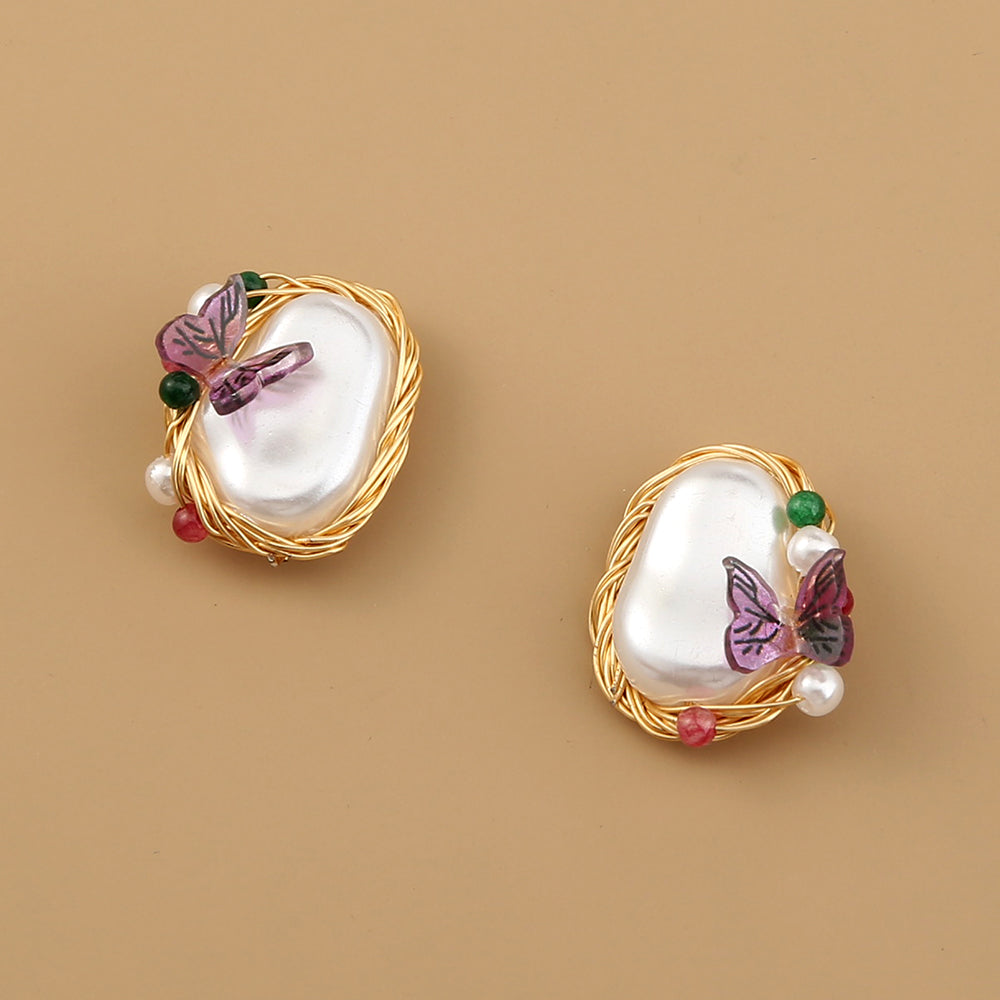 Pure Hand-made Copper Wire-wound Pearl Butterfly Earrings, , women clothing, pure-hand-made-copper-wire-wound-pearl-butterfly-earrings, , fairypeony