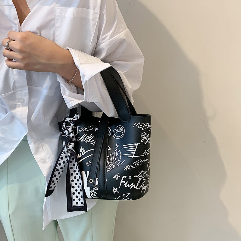 Cartoon Print Silk Scarf Bucket Bag, , women clothing, cartoon-print-silk-scarf-bucket-bag, , fairypeony