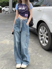 Tie Strap Blue Wash Straight Cargo Jeans - fairypeony