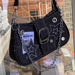 Chain Detail Star Buckled Denim Shoulder Bag - fairypeony