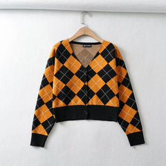 Plaid Preppy Argyle Cardigan, , women clothing, plaid-preppy-argyle-cardigan, grey, orange, fairypeony