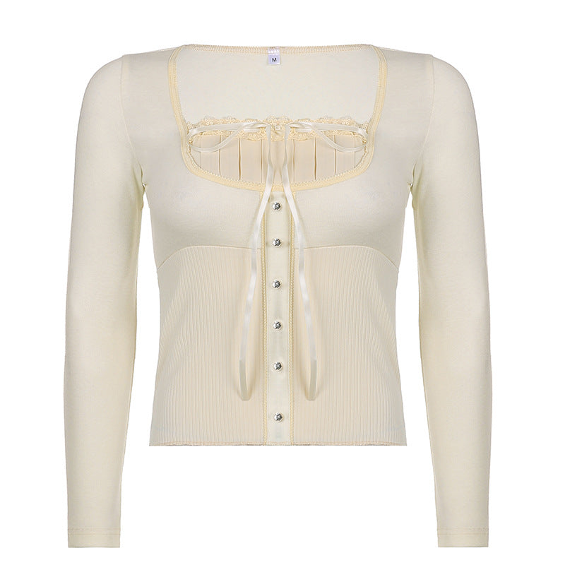 Lace Trim Patchwork Knit Top - fairypeony