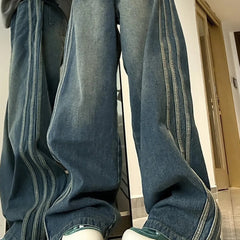 Vintage Side Striped Y2K Flare Jeans - fairypeony