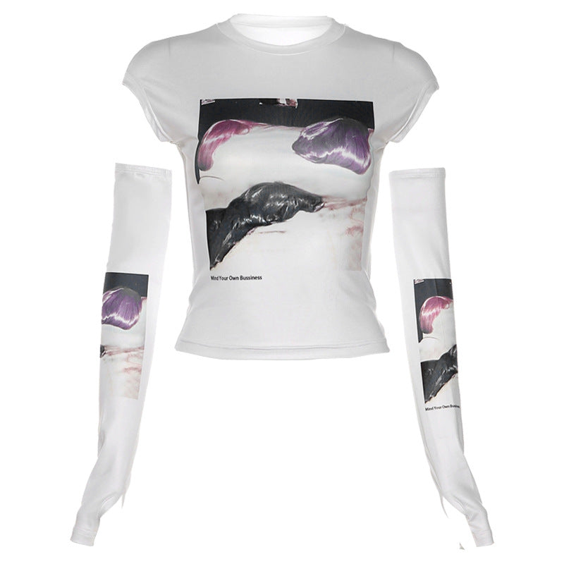 Slim Printed Round Neck Crop T-Shirt, , women clothing, slim-printed-round-neck-crop-t-shirt, , fairypeony