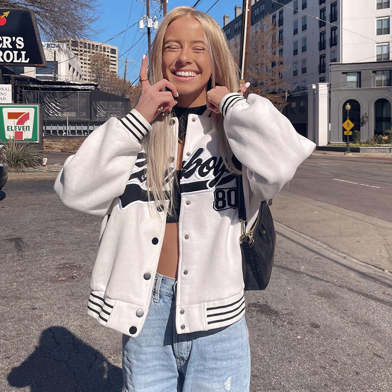 Contrast Logo Embroidered Zip Up Varsity Jacket, fairy peony, women clothing, contrast-logo-embroidered-zip-up-varsity-jacket, , fairypeony