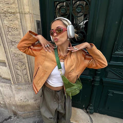 Side Stripe Pu Leather Biker Jacket - fairypeony