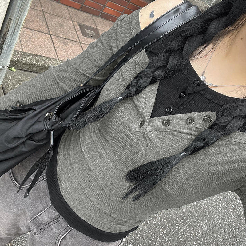 Patchwork Buttoned Long Sleeve Knit Top - fairypeony