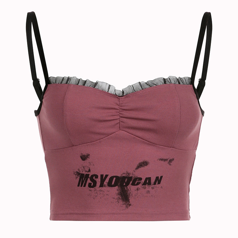 Vintage Lace Letter Print Tank Top - fairypeony