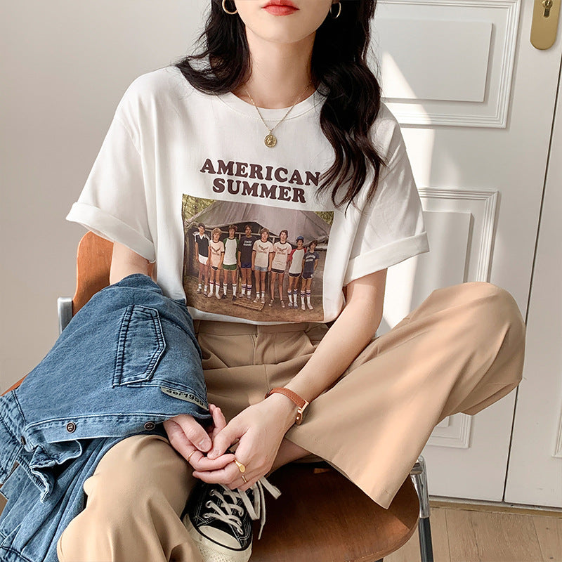 American Summer T-shirt, , women clothing, vintage-print-crew-neck-oversized-loose-half-sleeve-tshirt, L, M, S, white, XL, fairypeony
