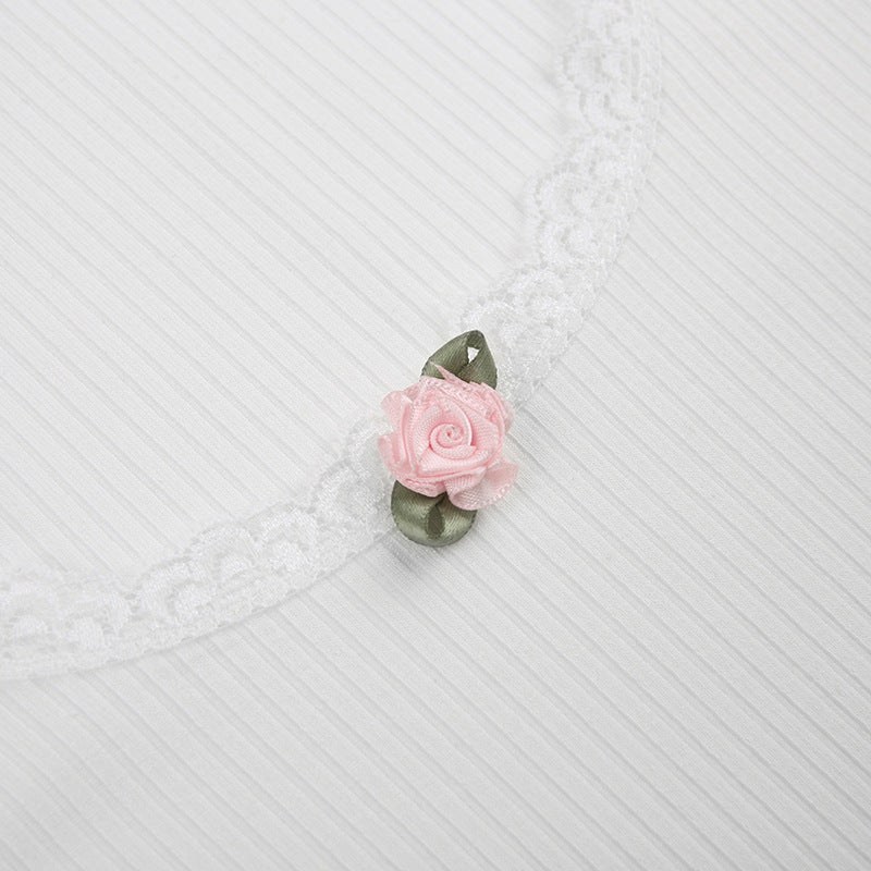 Lace Trim White Ribbed Knit Top - fairypeony