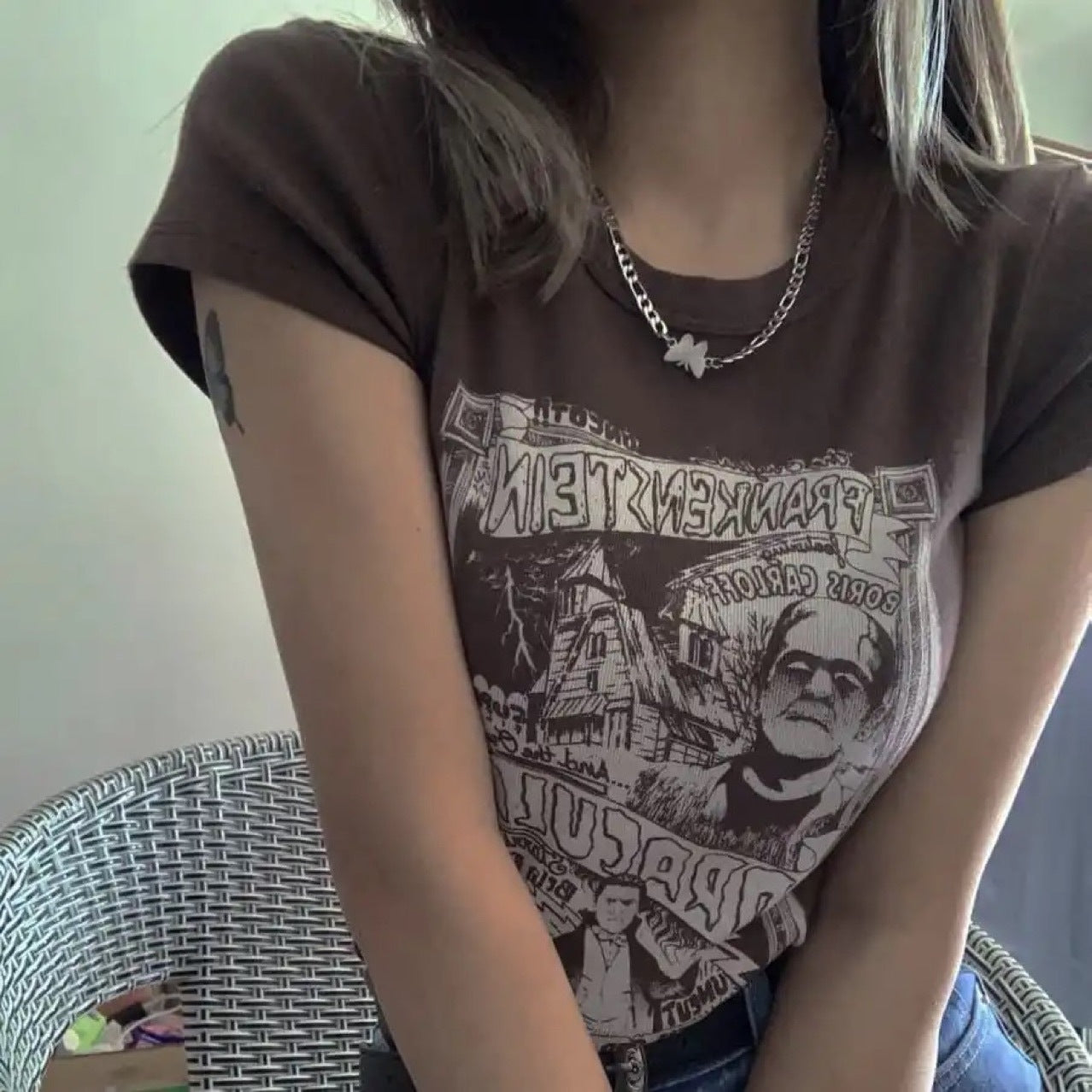 Frankenstein and Dracula T-shirt, , women clothing, american-retro-cartoon-comic-short-sleeve-t-shirt, brown, grey, L, M, S, XL, fairypeony