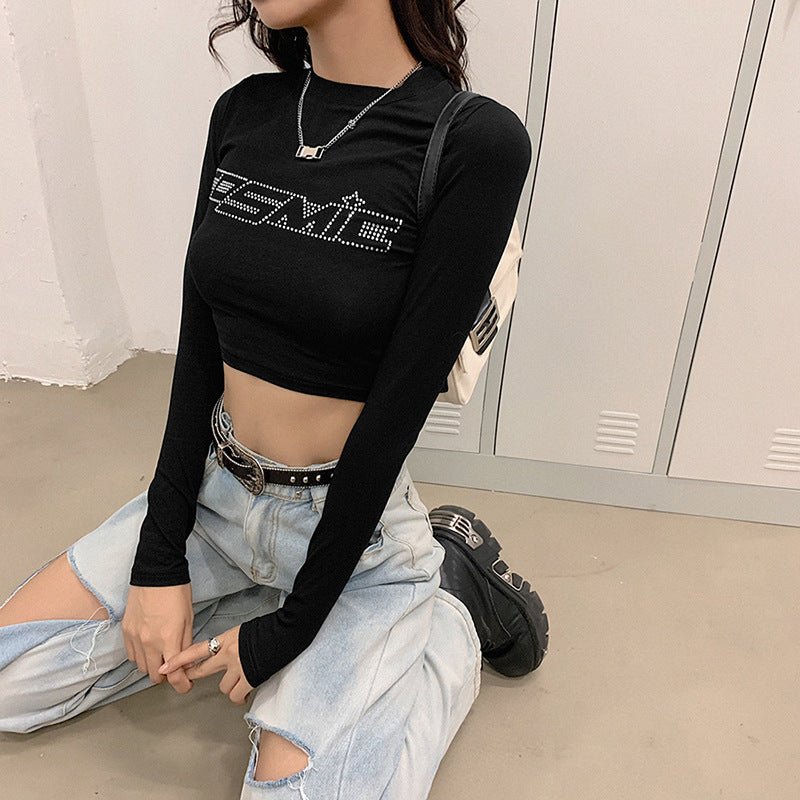 Rhinestone Letter Long Sleeve Crop Top - fairypeony