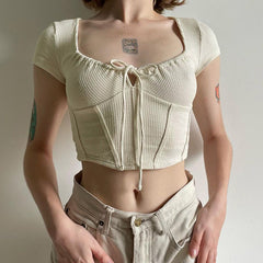 Tie Front Ribbed Crop Top - fairypeony