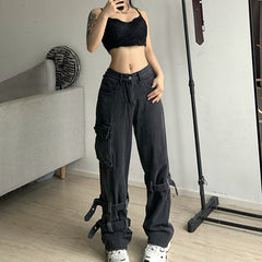Washed Mid Waist Pocket Cargo Jeans - fairypeony