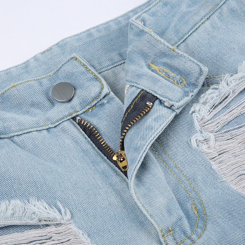 Straight Leg Blue Ripped Jeans - fairypeony