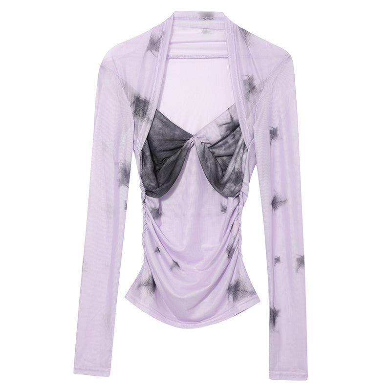 Lavender Contrasting Mesh Long Sleeve Top - fairypeony
