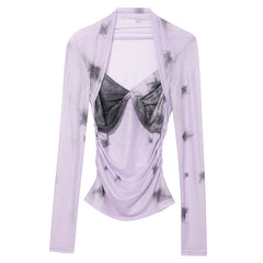 Lavender Contrasting Mesh Long Sleeve Top - fairypeony