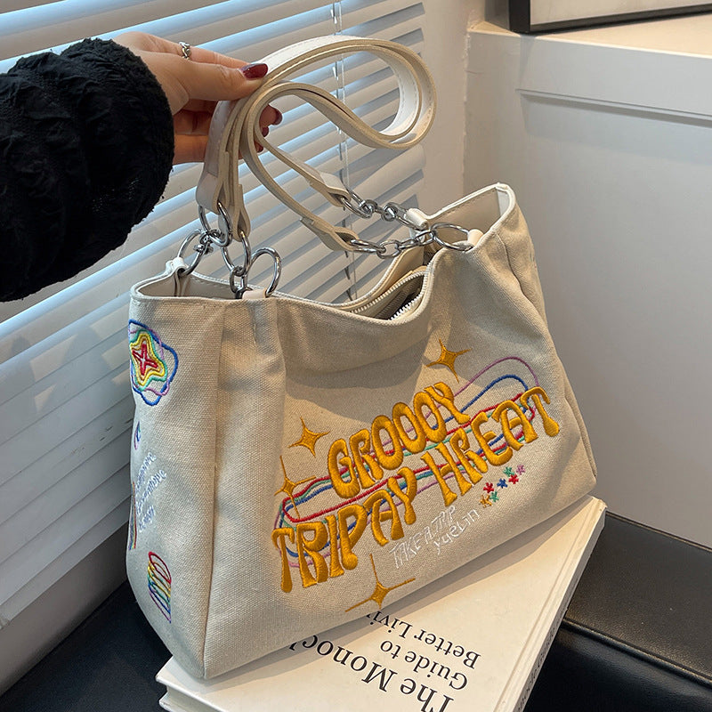 Aesthetic Large Canvas Embroidered Shoulder Bag - fairypeony