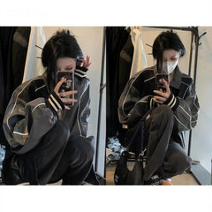 Oversized Star Logo Pu Leather Varsity Jacket - fairypeony