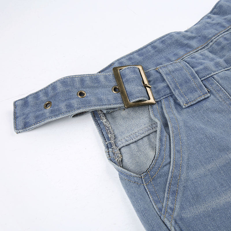 Cutout Belted Straight Leg Cargo Jeans - fairypeony