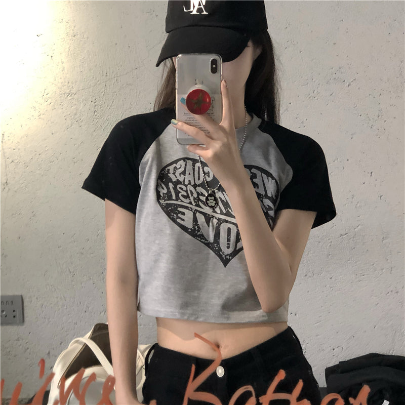 Vintage Heart Logo Raglan Sleeve Crop Top - fairypeony